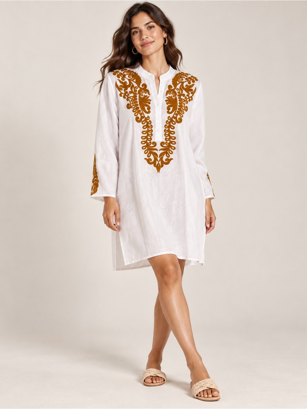 White Tunic Dress with Gold Embroidered Yoke